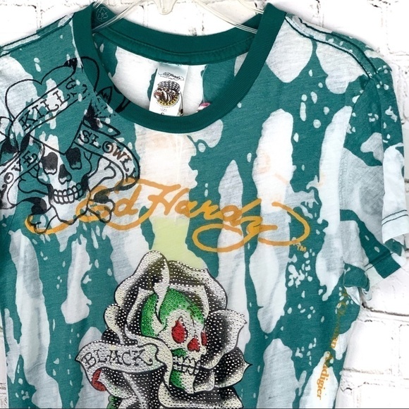 New-ed Hardy Black Rose Of Death Rhinestones BurnOut Sheer ShortSleeve Tee Shirt - Picture 5 of 13